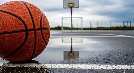 Basketball on wet court, reflection