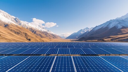 Scenic view of a large solar farm with rows of photovoltaic panels capturing renewable energy from the sun under a clear blue sky representing sustainable and eco friendly power