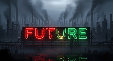 Broken neon sign spelling 'FUTURE' in a polluted, dystopian industrial landscape