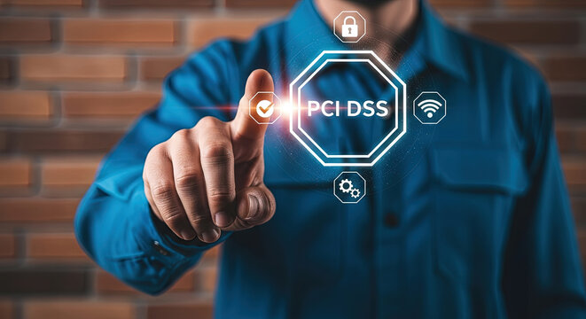 Hand touches PCI DSS icon representing secure online payment system compliance on brick background