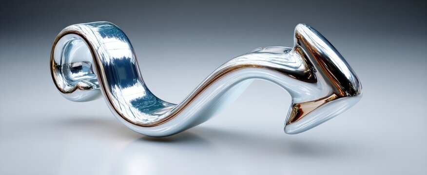 Shiny, reflective, metallic arrow with a flowing, curved form - Powered by Adobe