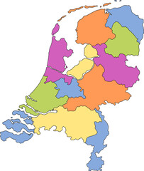 A vibrant, colorful political map of the Netherlands showing the boundaries of all 12 provinces. Ideal for educational, travel, and data visualization project