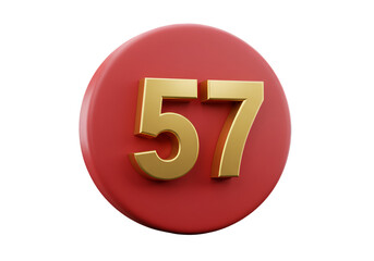 Gold Number 57 on Red 3D Circle Isolated on Black Background
