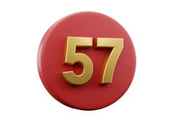 Gold Number 57 on Red 3D Circle Isolated on Black Background