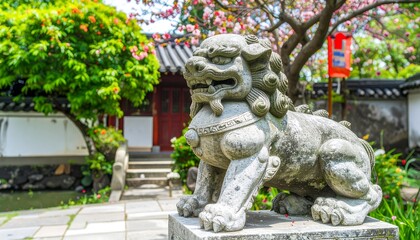 A weathered stone guardian lion statue stands proudly in a tranquil Asian garden setting, amidst lush greenery and traditional architecture.