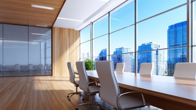 Modern conference room with large windows showcasing a city skyline and bright blue sky outside