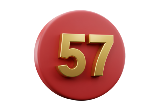 Gold Number 57 on Red 3D Circle Isolated on Black Background