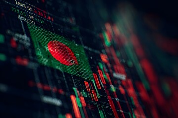 Illustration of the Bangladesh flag on a digital screen with stock market charts, representing the global environment
