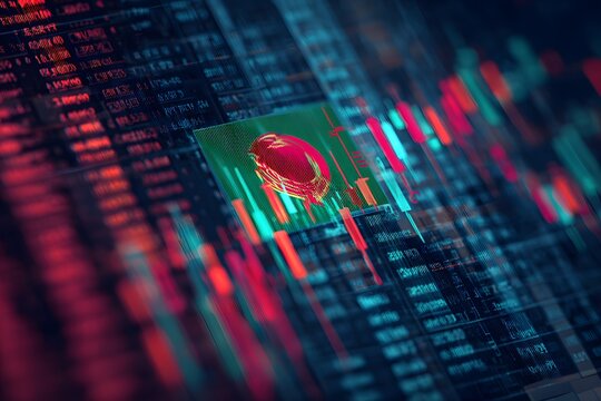 Illustration of the Bangladesh flag on a digital screen with stock market charts, representing the global environment - Powered by Adobe
