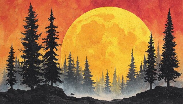 Silhouette forest at sunset, large yellow moon