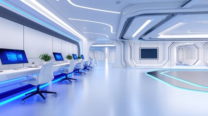 Modern futuristic office interior showcasing sleek design, advanced technology, and minimalistic decor