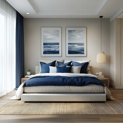 Coastal interior design for a modern bedroom with navy blue pillows and a bed positioned near a window, creating a serene and peaceful environment. 3D rendering, Generative AI