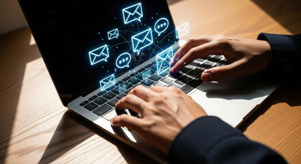 Person interacts with glowing messages on a laptop, sending communications online using the internet