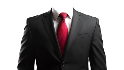  black suit with red tie, white shirt on a transparent background, ultra-realistic photography cutout 