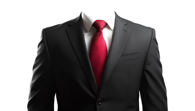  black suit with red tie, white shirt on a transparent background, ultra-realistic photography cutout 