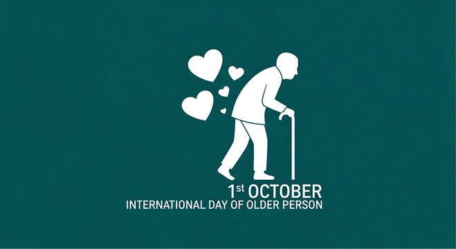 White Silhouette of Elderly Person with Hearts and Cane