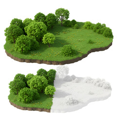 Isometric Green Island 3D Illustration of Forest Trees and Grass with Transparent Background