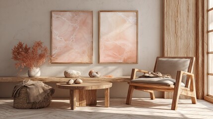 Elegant Boho Living Room Decor with Natural Wooden Furniture and Soft Neutral Colors