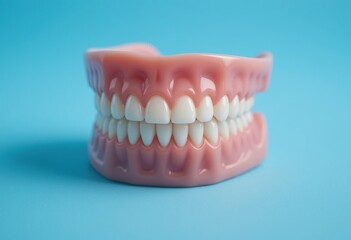 Obraz premium Closeup of Artificial Teeth Model on Blue Background Perfect for Dental Healthcare Advertising or Educational Materials