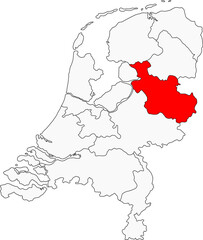 Obraz premium Map of the Netherlands highlighting the Overijssel province. Ideal for projects on its rural landscapes, historic cities, and the beautiful Weerribben-Wieden National Park.
