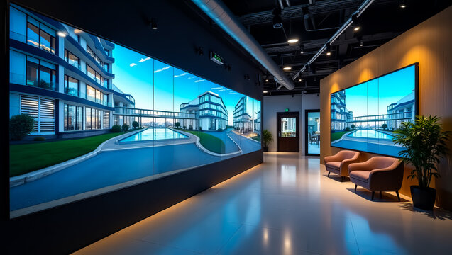 High-Resolution Stock Photo Modern Real Estate Showroom with Immersive Digital Displays - Powered by Adobe