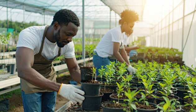 African American Team Planting Saplings in a Greenhouse