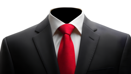 black suit with red tie, white shirt on a transparent background, ultra-realistic photography cutout 