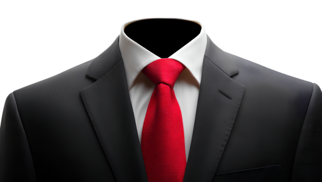 black suit with red tie, white shirt on a transparent background, ultra-realistic photography cutout  - Powered by Adobe