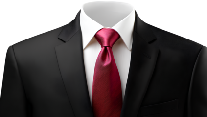  black suit with red tie, white shirt on a transparent background, ultra-realistic photography cutout