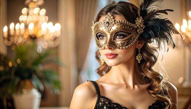 Elegant woman in a gold masquerade mask, styled hair, and a low-cut black lace top - Powered by Adobe