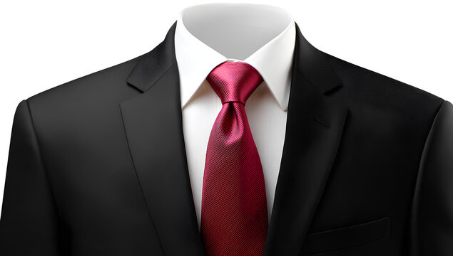  black suit with red tie, white shirt on a transparent background, ultra-realistic photography cutout