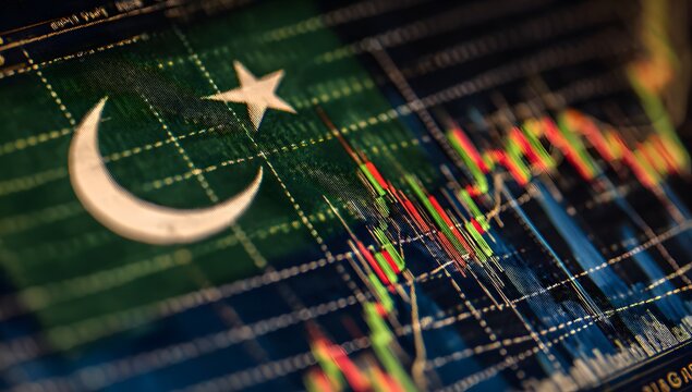 Photo of the Pakistani flag with a stock market chart background, showcasing Pakistani financial news and analysis on a digital screen. - Powered by Adobe