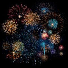 Naklejka premium Gold Spark Firework Texture Radiant Pattern, Isolated on Black, Vibrant Fireworks Texture Burst on Black Night Sky, Dynamic Starburst Firework Texture for Party, Festival, and Celebration Backdrops