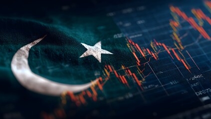 Photo of the Pakistani flag with a stock market chart background, showcasing Pakistani financial news and analysis on a digital screen.
