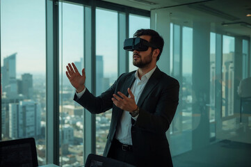 Man in suit uses virtual reality headset in modern office