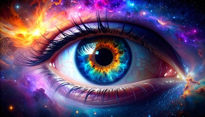A vibrant, cosmic eye gazes into a swirling nebula of vibrant colors, showcasing an otherworldly blend of space and anatomy.