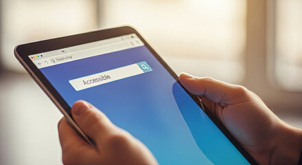 Person types the word accessible in a browser search bar on a tablet