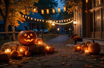 Cozy Autumn Harvest Festival Night with Pumpkins, Lanterns, Hay Bales, and Warm String Lights — Church and Community Friendly Fall Background