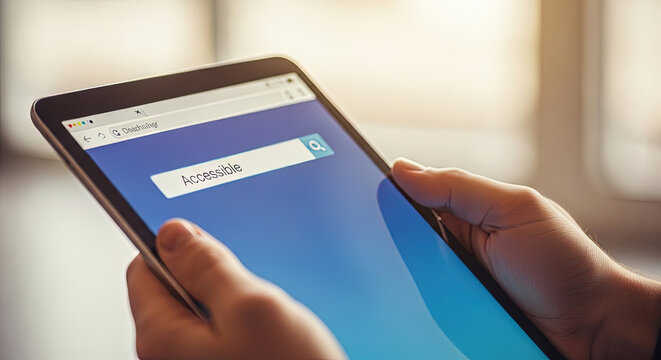 Person types the word accessible in a browser search bar on a tablet