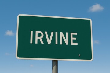Green road sign with the word "Irvine" in white capital letters, set beneath a sunny blue sky with scattered clouds.