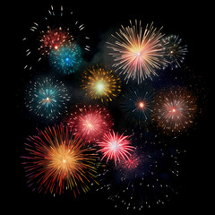 Naklejka premium Gold Spark Firework Texture Radiant Pattern, Isolated on Black, Vibrant Fireworks Texture Burst on Black Night Sky, Dynamic Starburst Firework Texture for Party, Festival, and Celebration Backdrops