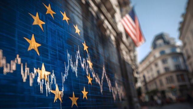 The European flag with yellow stars is blurred against the background of stock market charts, 