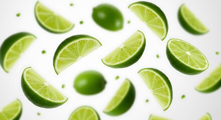 Fresh lime wedges and whole limes floating on a clean white background, vibrant and refreshing