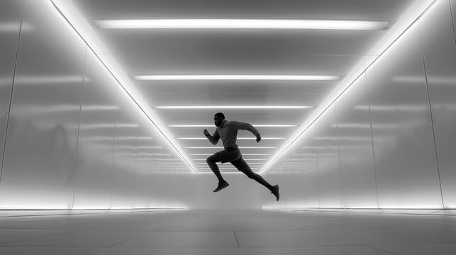 A lone runner captured mid-air in a minimalist illuminated tunnel, silhouette in motion conveying speed and power.