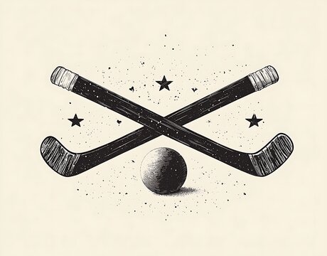 Crossed vintage hockey sticks with ball and stars graphic ice hockey field hockey