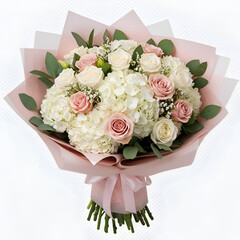 Photo of a Beautiful Floral Bouquet of Pink and White Roses and Hydrangeas