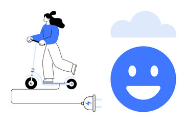 Casual woman enjoying ride on electric scooter with visible power plug, happy face icon, and cloud element. Ideal for green energy, urban transport, eco-living, technology, sustainability, mobility