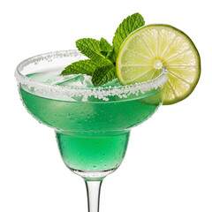 Green margarita cocktail with lime and mint isolated on transparent background