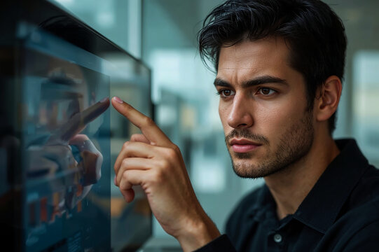 Man interacting with a futuristic touchscreen display