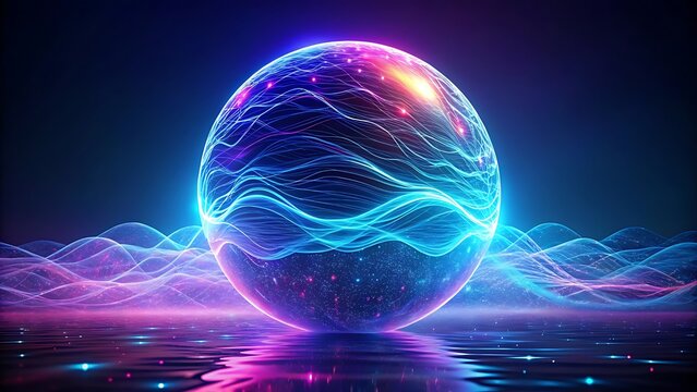 Neon futuristic 3d sphere of blue and purple glowing digital waves and particles. Future technology concept, Artificial Intelligence, engineering, and science. Abstract energy orb. Data, innovations.
